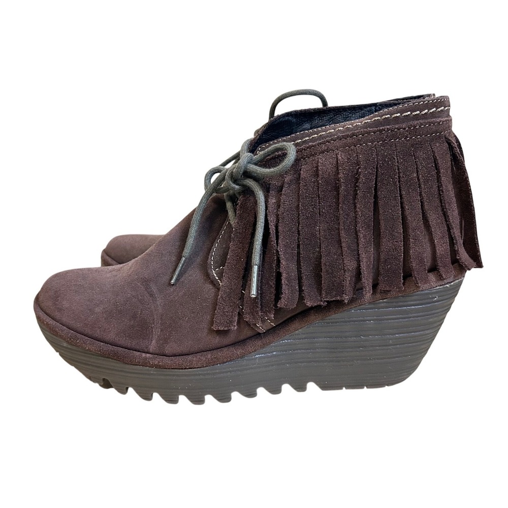 Fly London Brown Suede Fringe Wedge Lace Up Ankle Boots P500774001 Size 38 - Picture 2 of 9